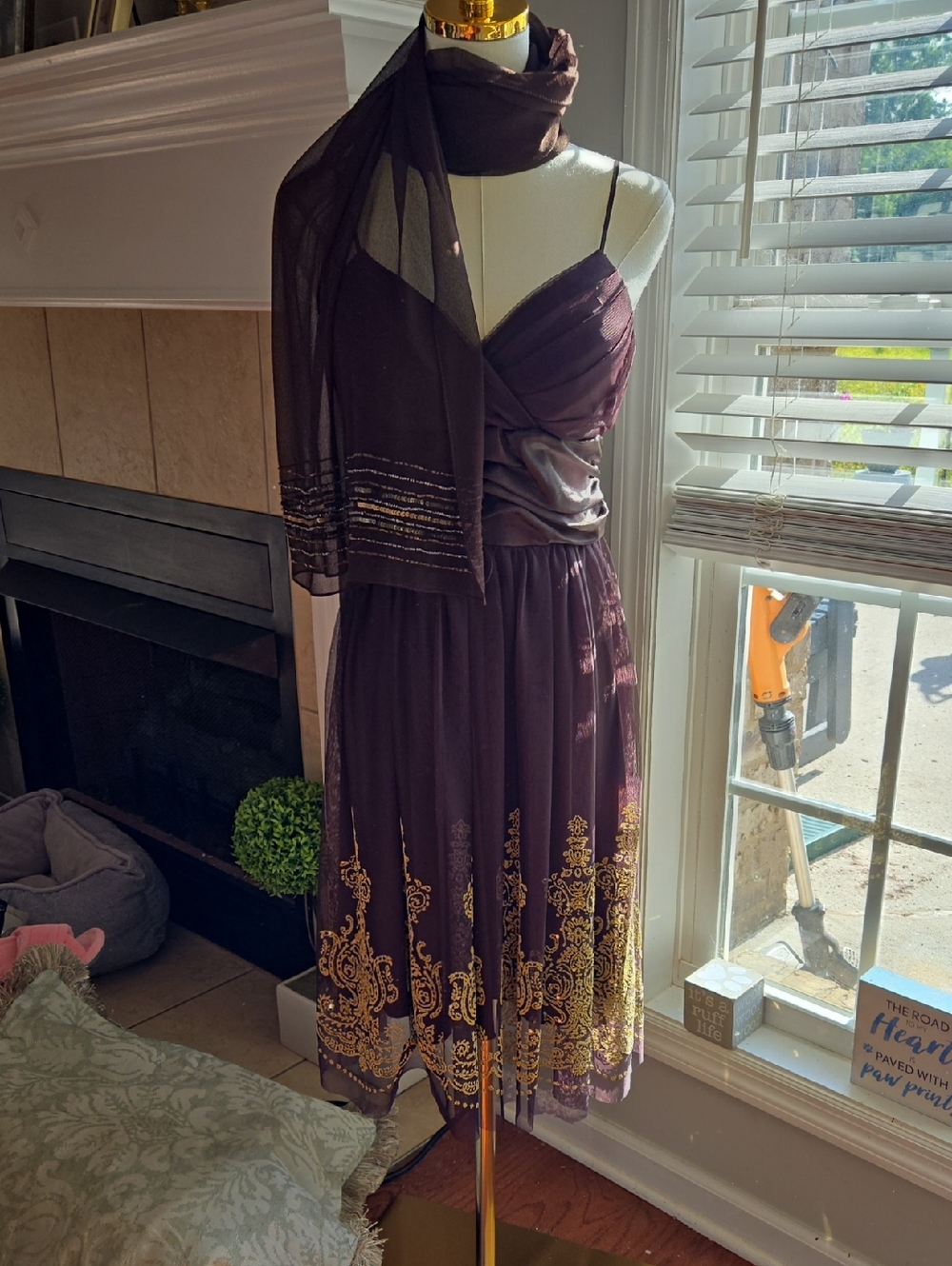 Sleeveless Dress with Gold Embroidered Hem
